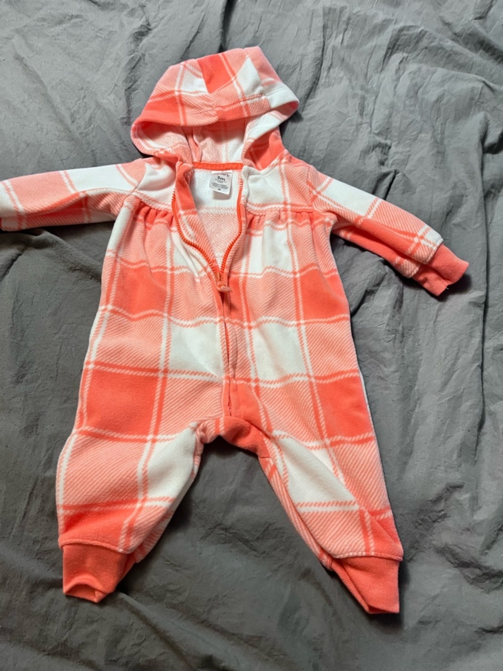 Coral Plaid Hooded Baby One-Piece Size 3 Months